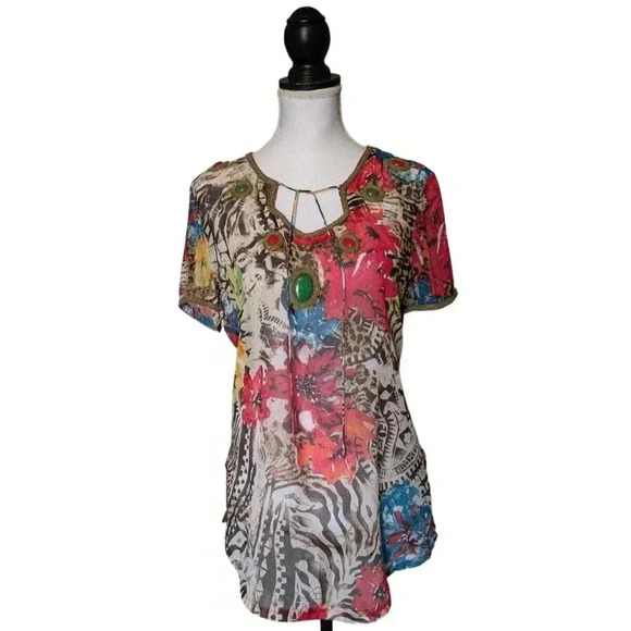 Chicos 100% Silk Beaded Floral Animal Print Sheer Flowy Keyhole Top Size Small 0 - Picture 1 of 9